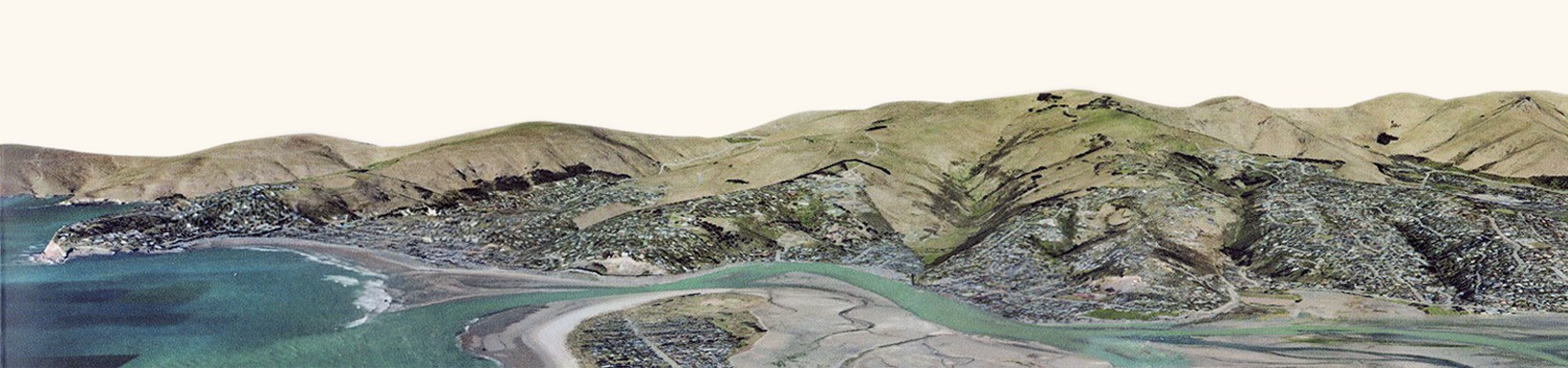 Aerial panorama of Sumner, Redcliffs and the estuary beneath the Port Hills