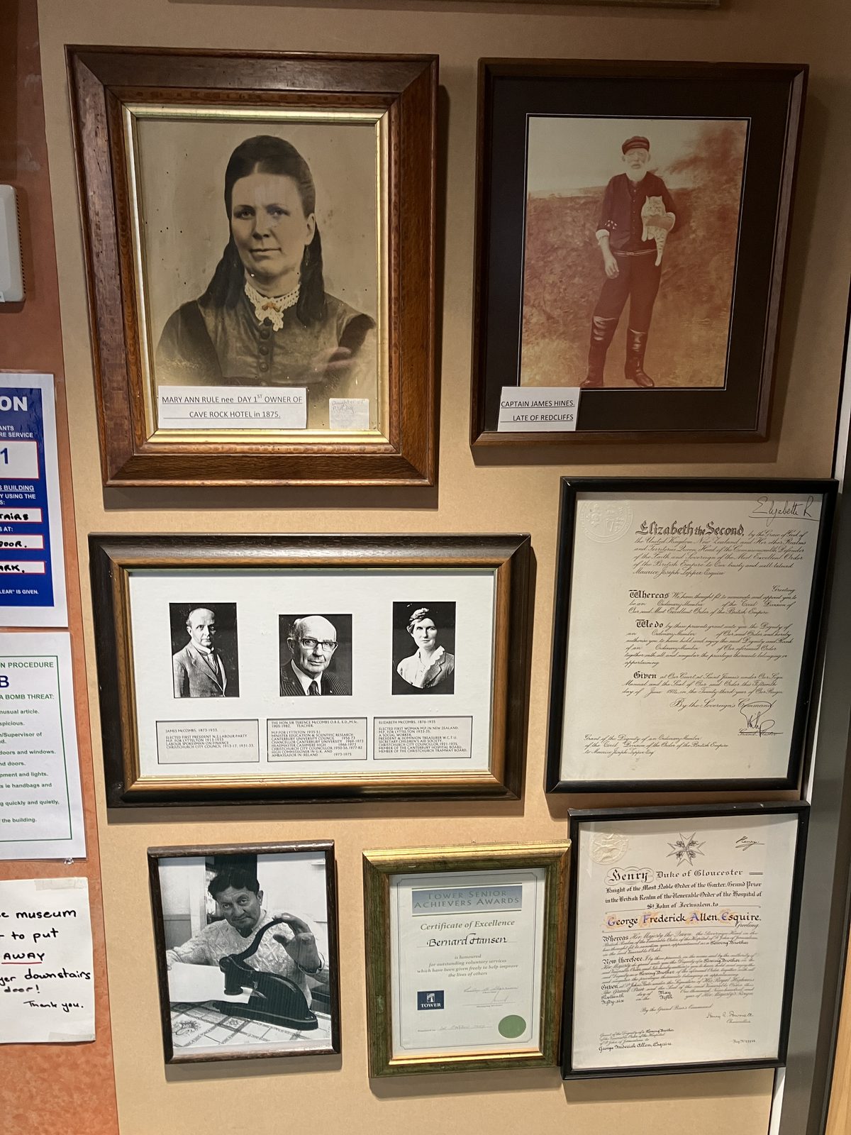Wall of framed portraits and certificates, including Mary Ann Rule of the Cave Rock Hotel, 1875